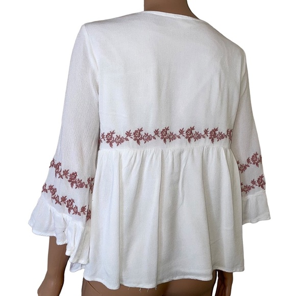 Orange Creek baby doll style 3/4 button down white embroidered boho flowy top - Picture 5 of 12